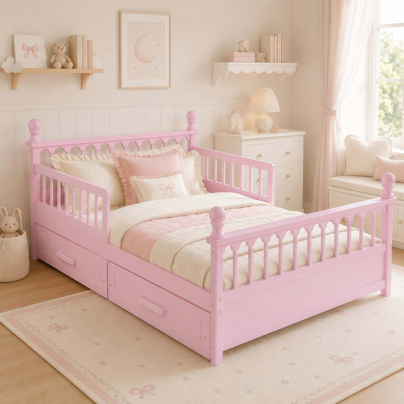 Cadre de lit enfant complet avec tiroirs de rangement et barrières de sécurité, Rose