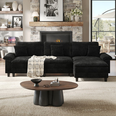123'' Cloud Modular Couch Sofa, Oversized 3 Seat Comfy Sofa For Living Room, Sectional Couches With Ottoman, Detachable Seat Cushion & Backrest Cover, Chenille Fabric Black