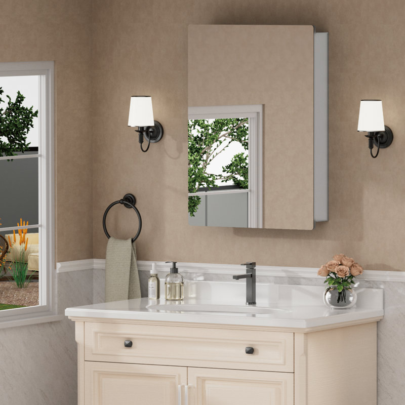 Armoire à pharmacie de salle de bain sans miroir avec miroir, montage encastré ou en surface, tablettes réglables en verre trempé, rangement grande capacité, porte réversible, argenté l 20 po x H 28 po
