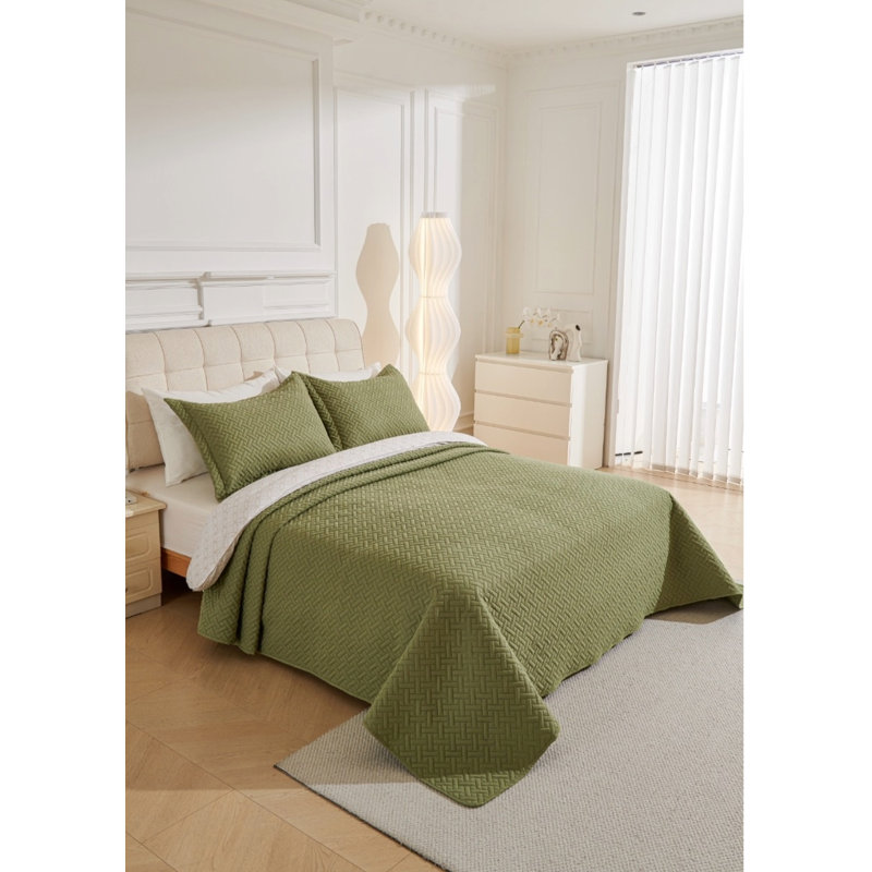 Ensemble de couvre-lit réversible en microfibre vert 3 pièces Jade, Couvre-lit double et 2 taies décoratives