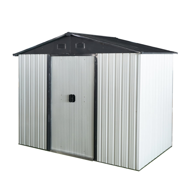 8Ft X 4Ft Metal Storage Shed For Backyard. And Rust-. White Black Finish. Tilted Roof Extra Storage. Lockable Door Protection. Air Vents. Comes With Foundation, Anchors, Hooks, Shelf, Lock & Gloves