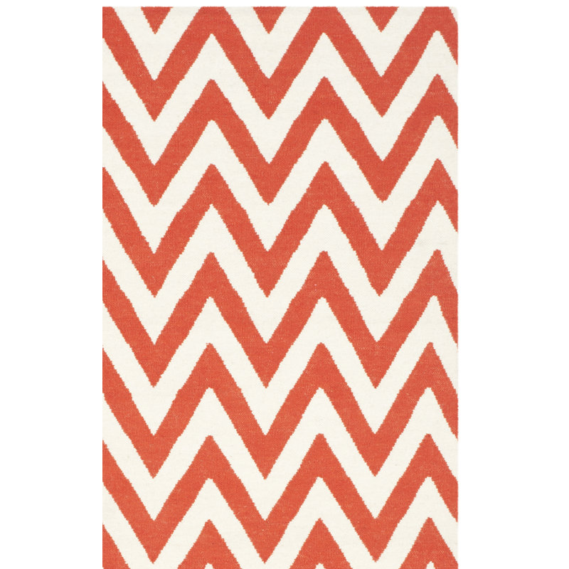 Rodgers Hand Woven Flat Weave Wool/Cotton Chevron Rug in Red/Ivory, Runner 2'6" x 8'