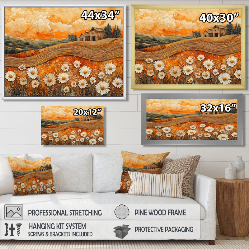 Marguerites fleurs grange audacieux paysage II - marguerites Art mural, Reproduction encadrée d'une seule photo, Noir