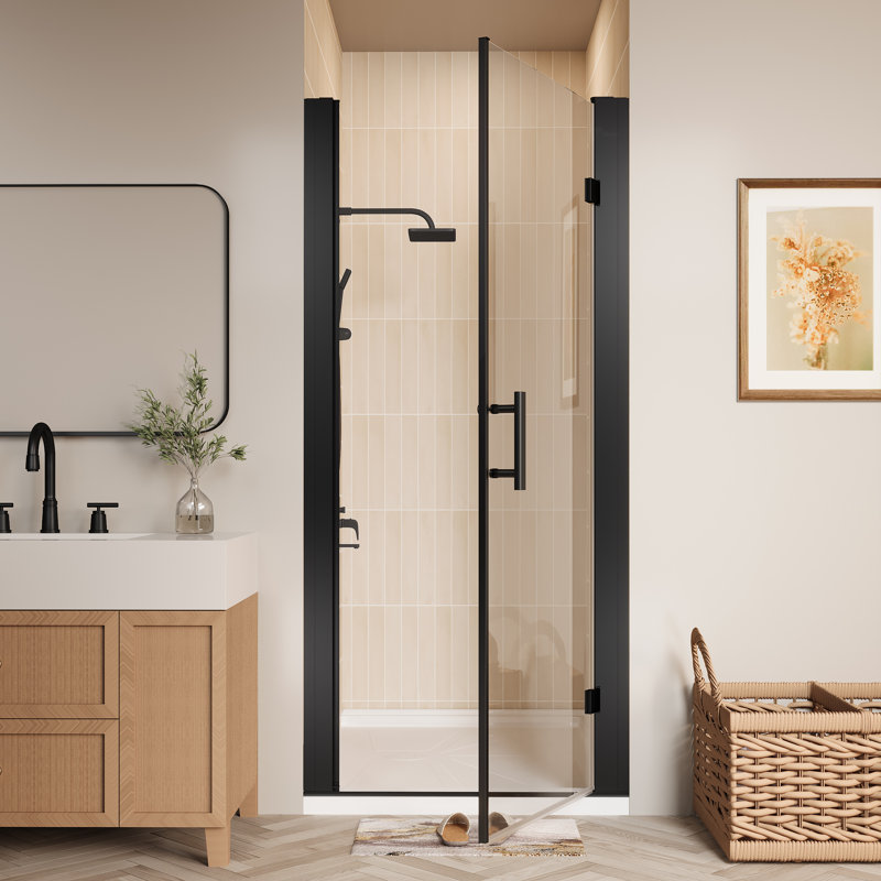 32" - 34" W X 72" H Pivot Hinged Swing Frameless Shower Door With Clear Glass, Matte Black
