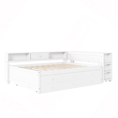 Lit de jour avec couchette, structure de lit de jour en bois avec tiroirs de rangement, tablettes latérales et bureau