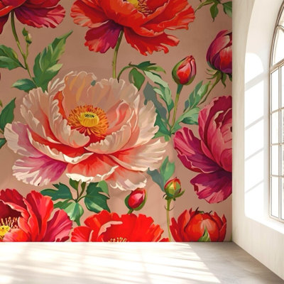 Bold Red & Pink Mixed Floral Wall Mural – Oversized Peony Poppy & Tulip Botanical Wallpaper on Soft Blush Background