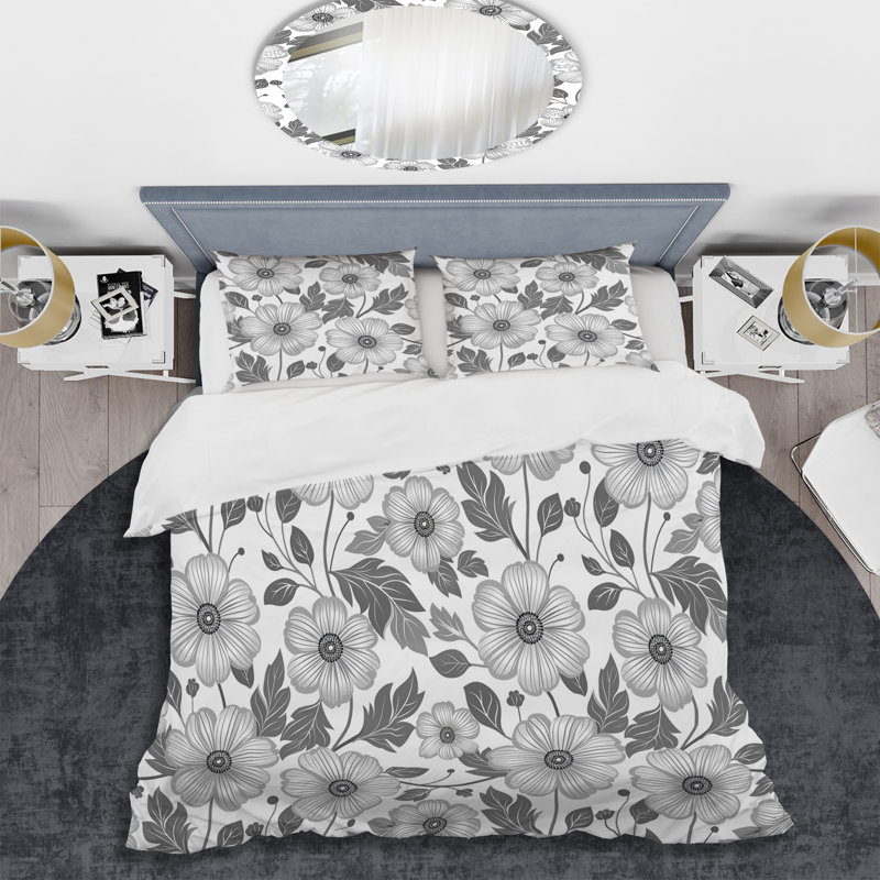 Ensemble de housse de couette transitionnel gris et blanc à motif floral I, Housse de couette très grand et 2 très grandes t