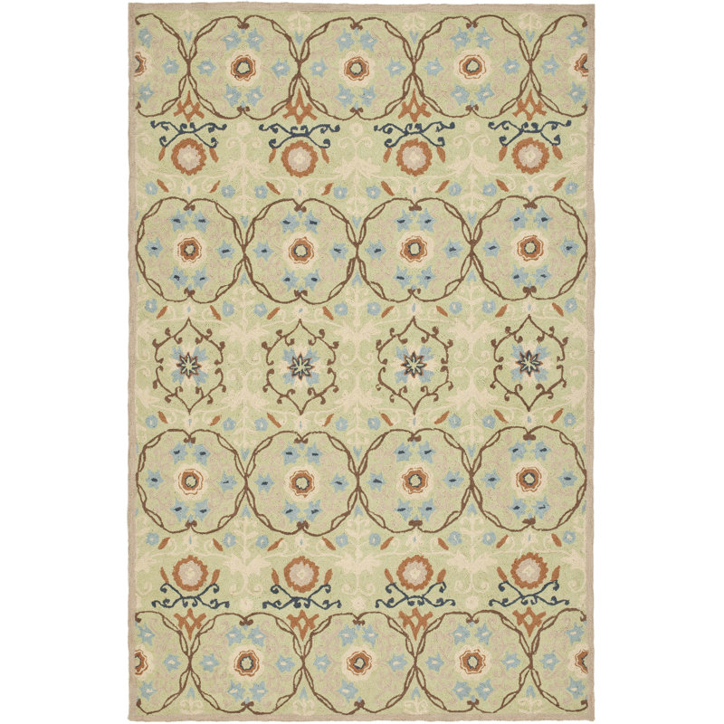 Helena Floral Handmade Hooked Wool Green Area Rug, Rectangle 5'3" x 8'3"