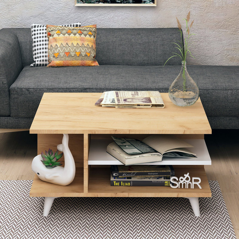 Modern Scandinavian Coffee Table with Shelves, Oak & White Finish, 31.5 x 15.7 x 31.5 inches | 100% Melamine Coated Particle Board, Thickness: 0.7 inches | Stylish Plastic Legs, Perfect for Living Room & Family Spaces