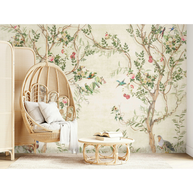 Papier peint rétro avec oiseaux et fleurs, L 115 po x l 225 po, Beige