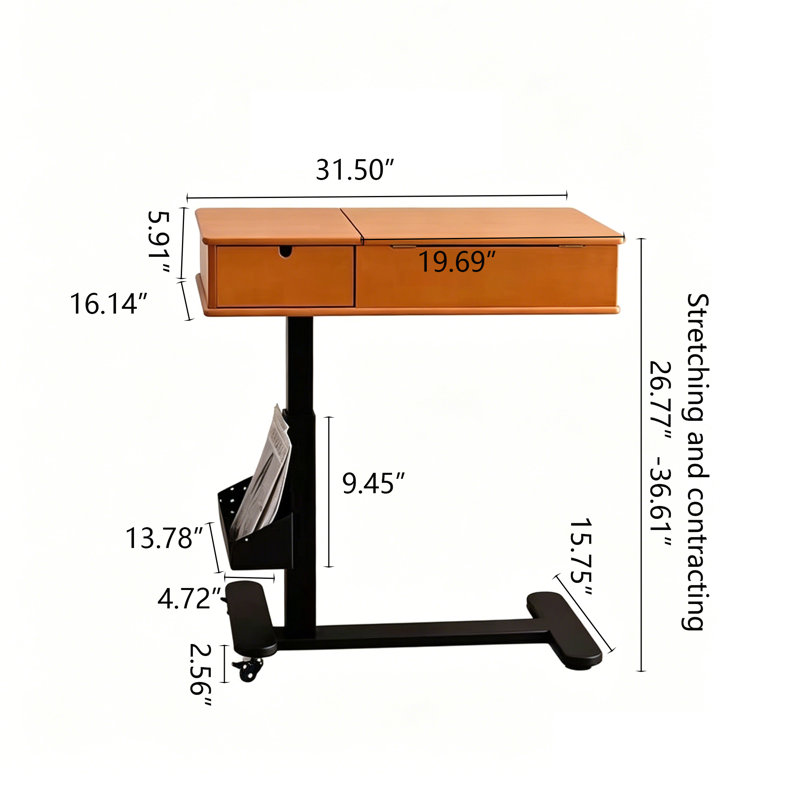 Coiffeuse en bois massif brun de style milieu du siècle, à hauteur réglable, avec plateau rabattable côté gauche et un tiroir
