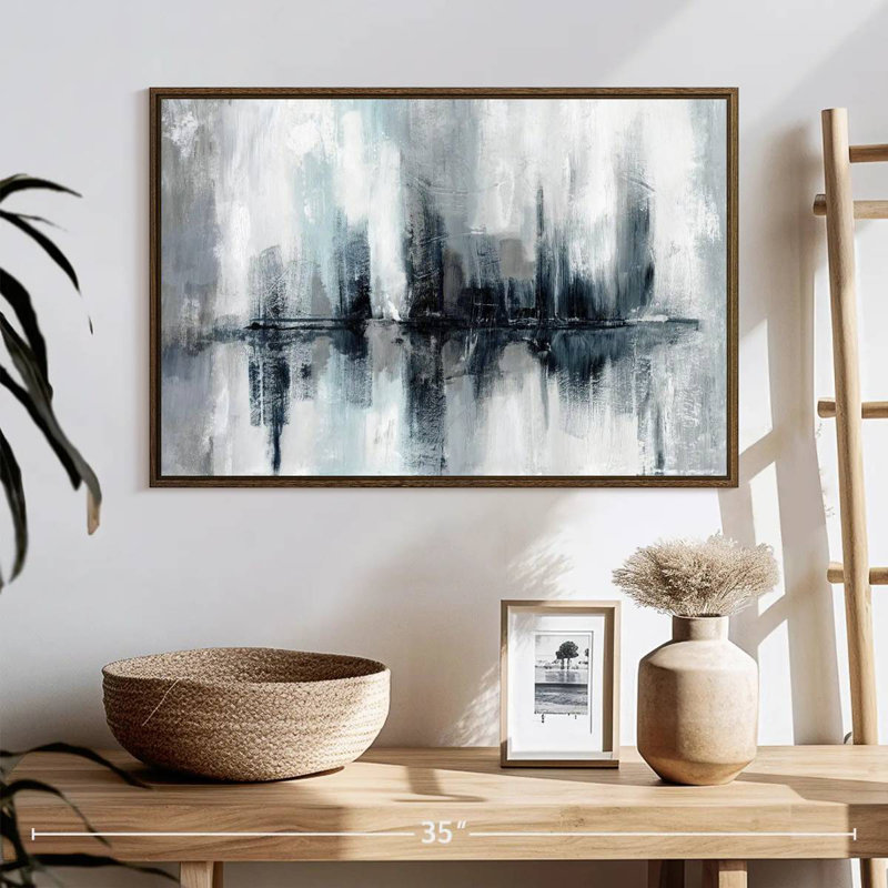 Lumières de port indigo, 25 po x 17 po, Cadre flottant en noyer