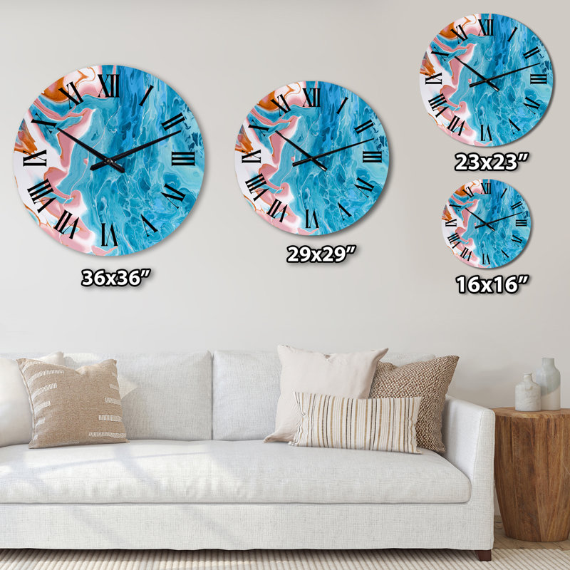Horloge murale moderne turquoise et marbre rose, Surdimensionné