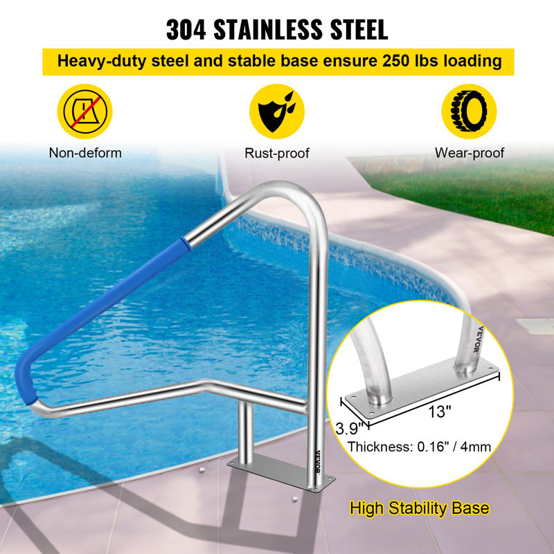 Barrière de piscine 55 x 32 Barre de piscine en acier inoxydable 304 Capacité de charge de 250 lb Balustrade de piscine antirouille argentée Barrière de piscine humanisée avec couvercle à prise bleue et mèche M8 et vis autotaraudeuses