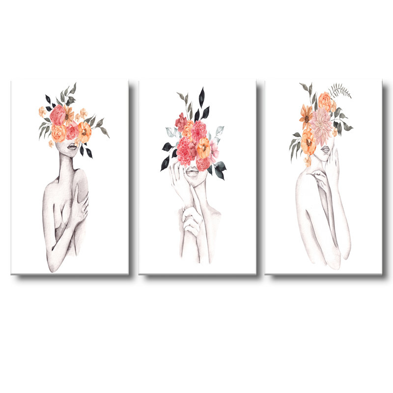 Silhouette de femme avec fleurs rouges et mauves, ensemble de 3 pièces glamour, H 32 po x l 48 po x P 1 po