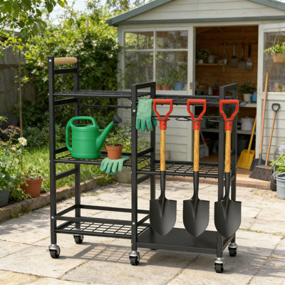 Étagère à outils à 3 niveaux avec roulettes, étagère de rangement robuste pour outils de garage et de jardin en métal pour pelles, râteaux, balais, outils à long manche