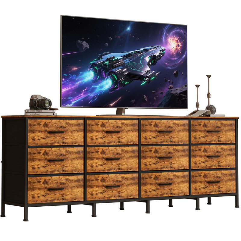Meuble télé avec 12 tiroirs en tissu – Centre multimédia à structure en bois, Brun