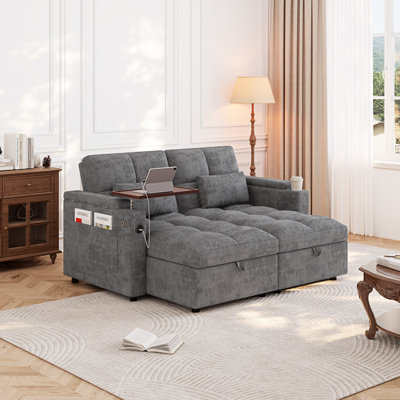 Canapé-lit convertible de 66 po avec table d'appoint pivotante, canapé-lit en chenille pour le salon, canapé-lit avec espace de rangement caché, port de charge, porte-gobelets