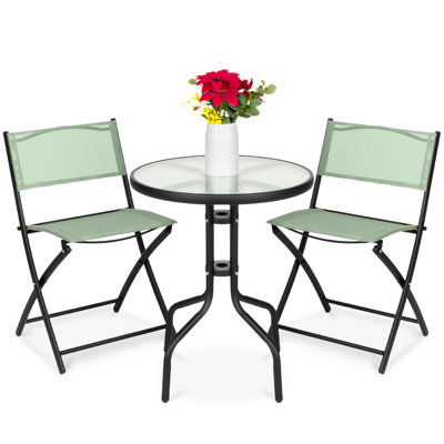  3-Piece Patio Bistro Dining Furniture Set W/ Glass Tabletop, Folding Chairs