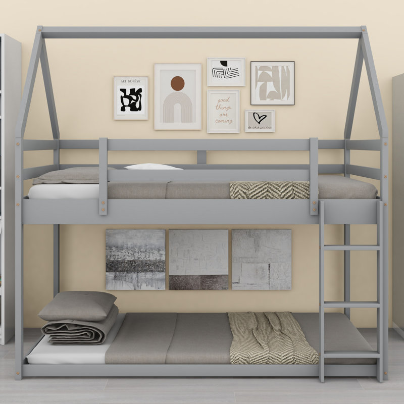 Low House Bunk Bed with Integrated Ladder, Gray