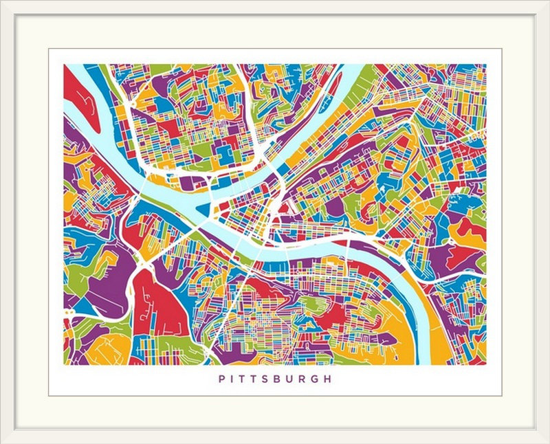 «Pittsburgh Pennsylvania Street Map» par Bellen, impression, Cadre blanc, H 31 po x l 38 po x P 1 po