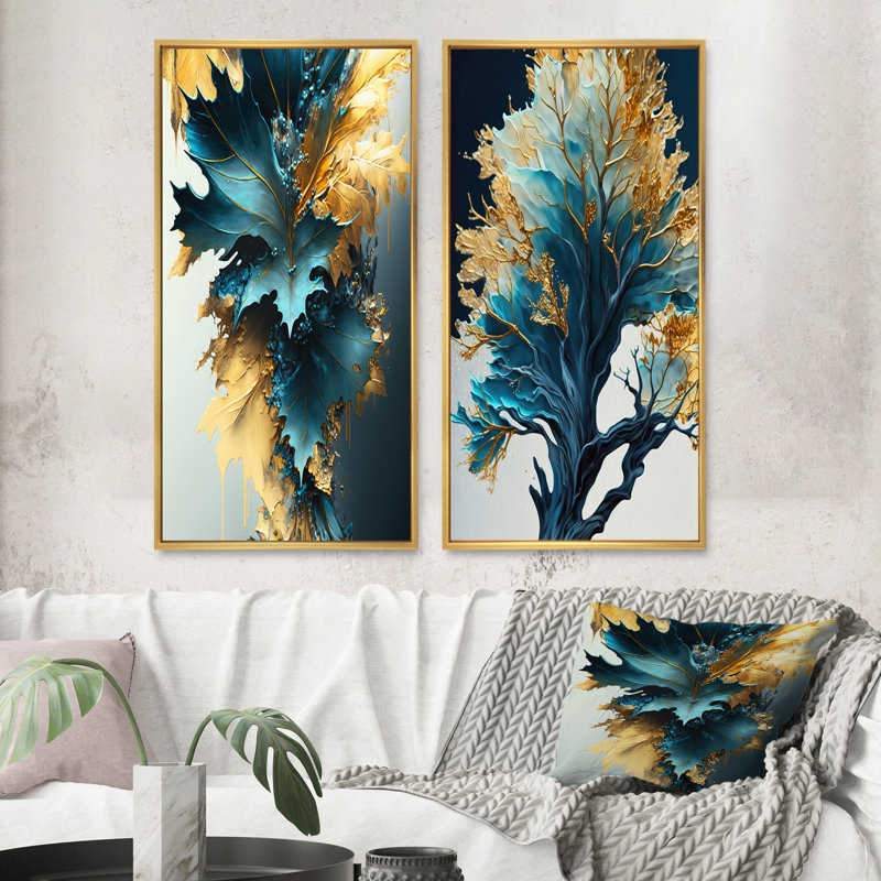 «Abstract Blue And Gold Leaves», 2 pièces sur toile, Encadrement doré, H 40 po x l 40 po