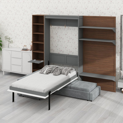 Murphy bed with sofa front and built-in storage maximizes space in guest rooms and studios