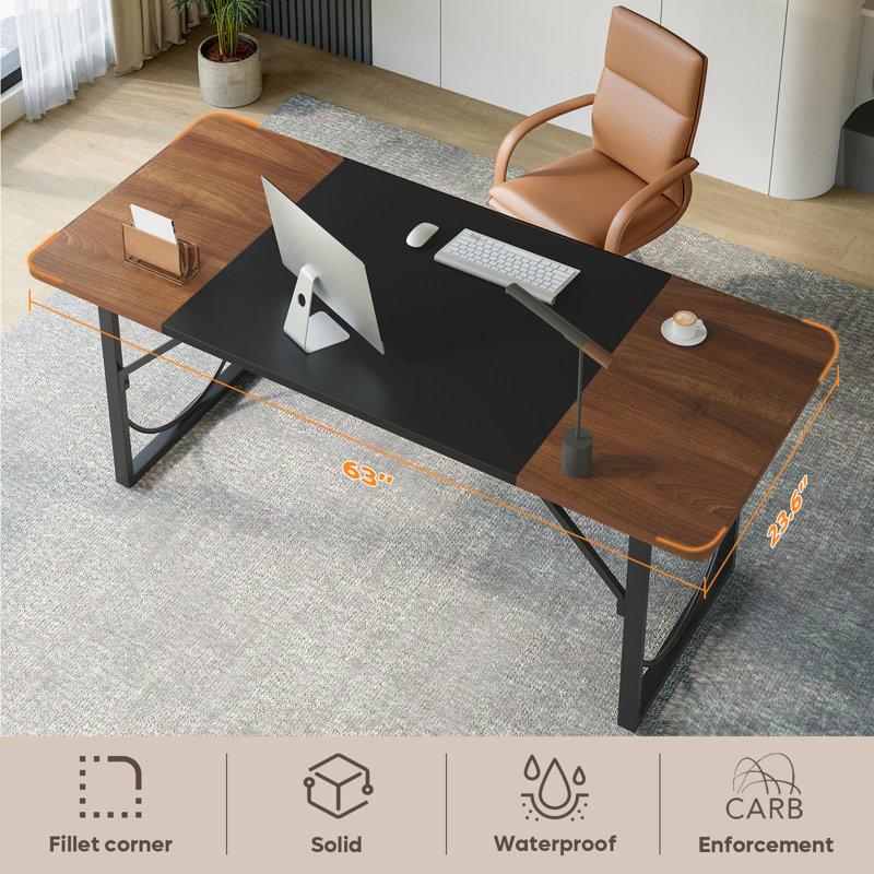 63" Office Desk Lager Computer Desk with Headphone Hooks and Metal Frame for Home Office, Brown/Black