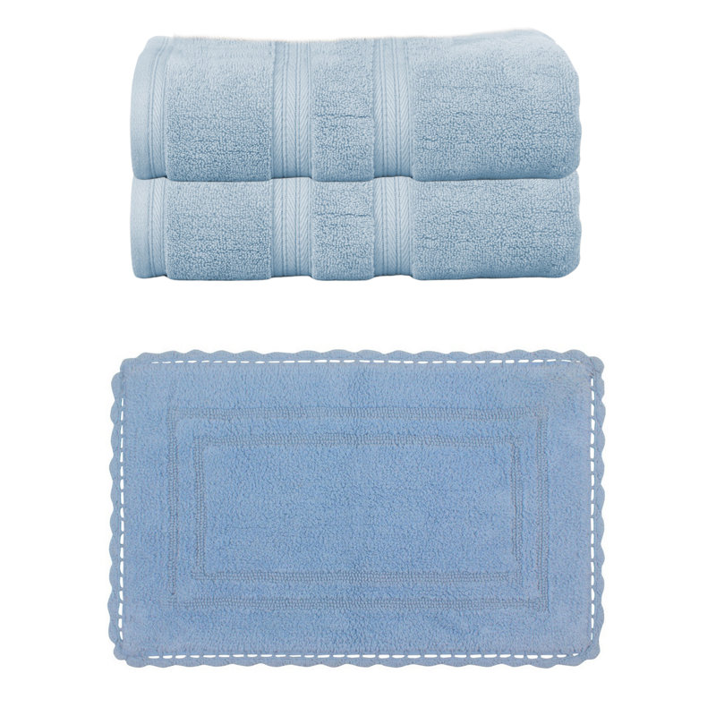 Ensemble de serviettes de bain 100% coton 2 pièces Colson et 1 tapis de bain 21 x 34 po Colson (ensemble de 3), ivoire, Bleu