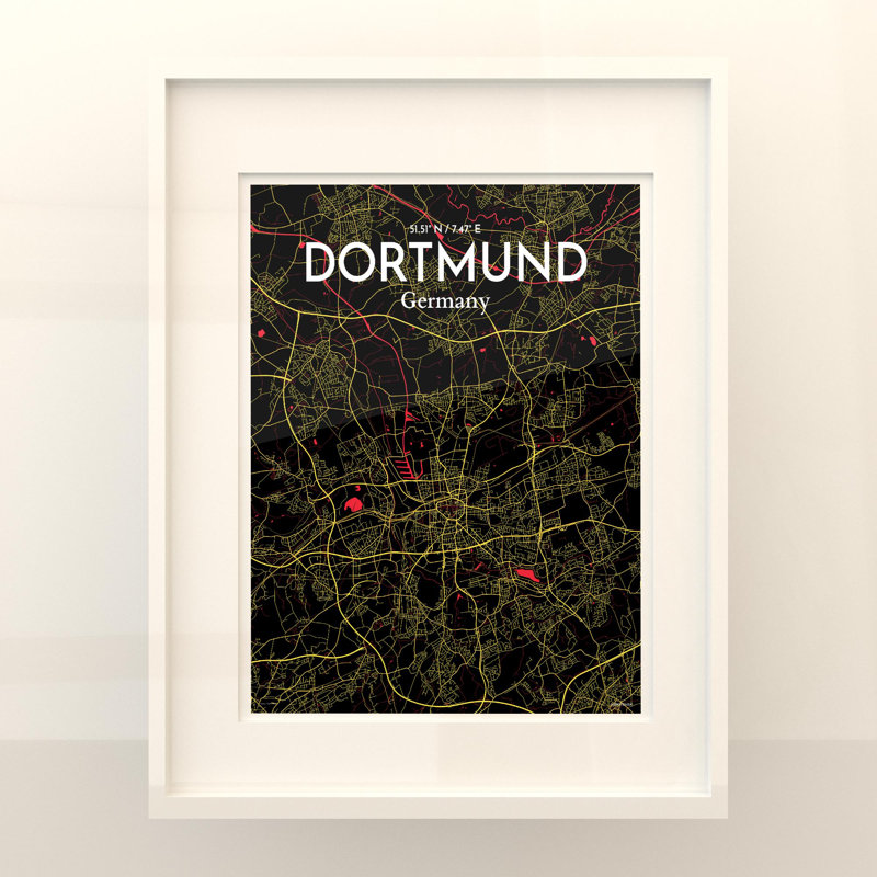 Carte de la ville de Dortmund, impression à Oranje, H 20 po x l 16 po, Noir / rouge / jaune