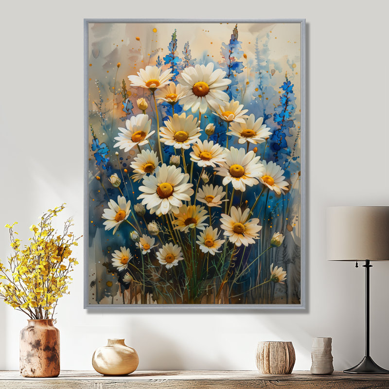 Bleu et blanc nature morte fleurs de jardin I - marguerites, impression d'art mural, Encadrement argenté