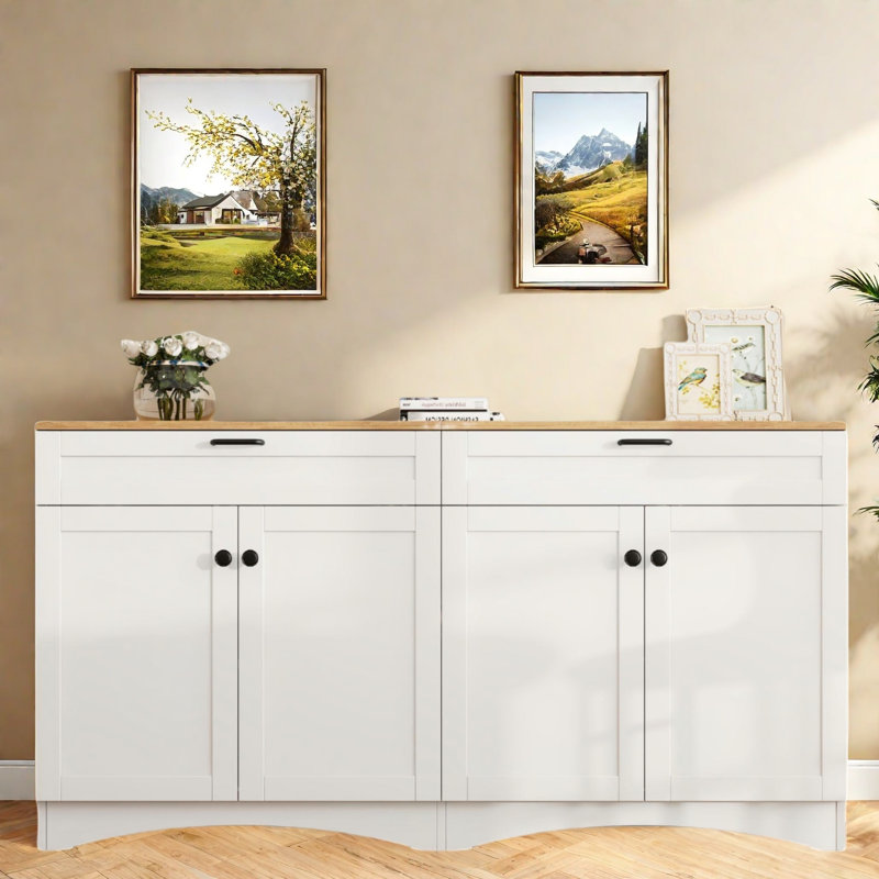 Farmhouse Sideboard With Adjustable Shelves And Rustic Handles, White