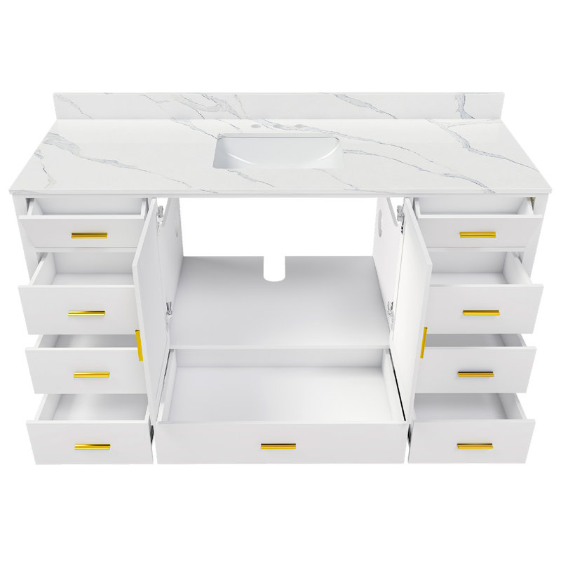 Meuble-lavabo moderne en bois massif de 60 po avec lavabo, comptoir en quartz blanc Carrara de 61 po avec 3 trous de robinet pré-percés, 2 portes doubles à fermeture en douceur, 7 tiroirs et 2 petits compartiments de rangement rabattables (blanc)