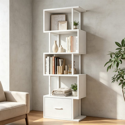 Corner Shelf, Geometric Bookshelf – 6-Tier Storage Shelf with Fabric Drawers, S-Shaped Modern Bookcase, Sturdy Metal Frame, Multi-Space Organizer for Living Room, Bedroom, Home Office, Entryway