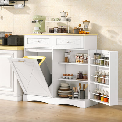 Tilt Out Trash Can Cabinet, Kitchen Trashcan Cabinet With 12 Gallon Garbage Bins,wood Hidden Tilt-out Recycling Pantry For Kitchen And Living Room White, Double Doors