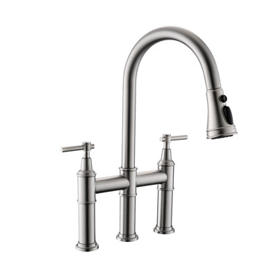 Kitchen Sink 3 Hole Faucet With Pull Down , Brushed Nickel, 2 Handles, Construction Bridge Pull-Down, Stylish Design