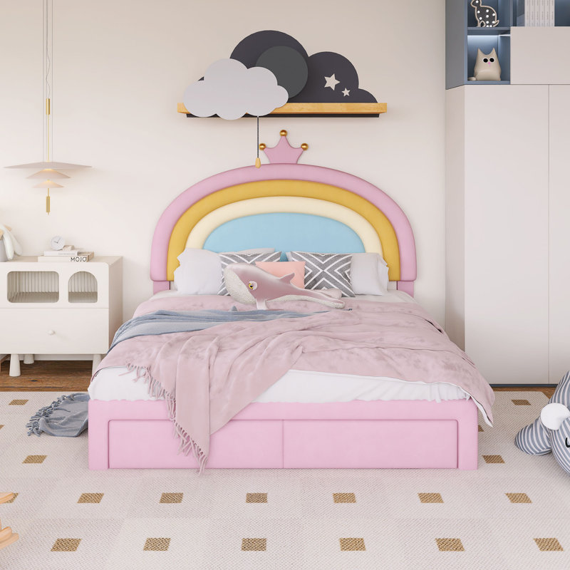 Wood Frame Full Size Upholstered Rainbow Design Bed With Storage Drawer, Full