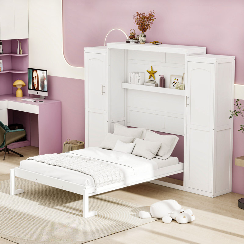 Lit escamotable avec armoires et tablettes Murphy, conception pliable multifonctionnelle, Blanc, Double