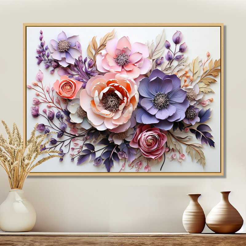 Fleurs délicates, art mural Dahlia pour le salon, H 12 po x l 20 po x P 1 po, Cadre flottant érable