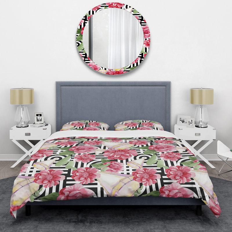 Roses roses et feuille verte - ensemble de housse de couette floral - microfibre de polyester