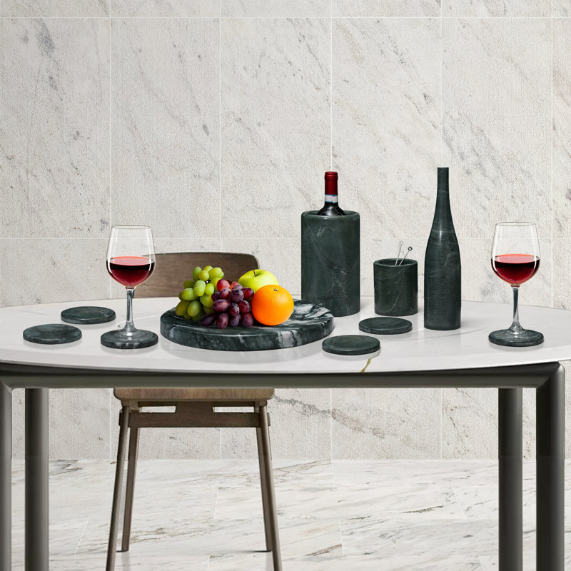 Green Natural Marble Dining Accessories Set, 10-Piece Luxury Genuine Stone Collection with Wine Bucket, Coasters, Tray & Decorative Vase Sculpture