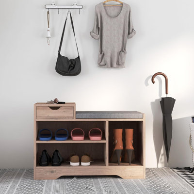 Wood Shoe Rack Bench with Seating Cushion and Drawer