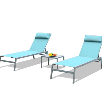 Chaise longue de patio bleu Lake - 3 chaises réglables en aluminium avec siège et pour la détente près de la piscine 2 + 1 table inclinable