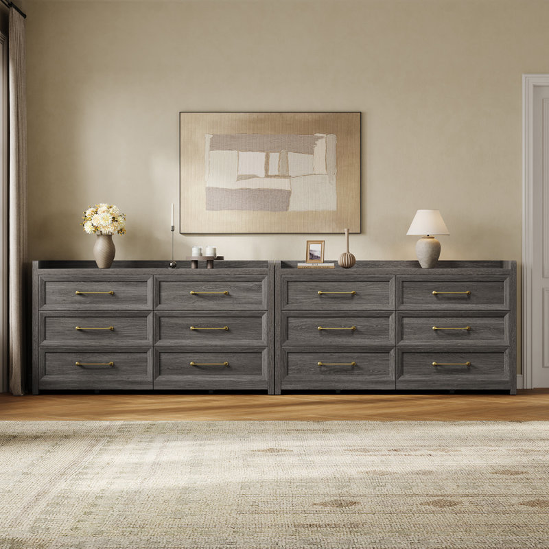 56.4"W Modern 6-Drawer Dresser, Dark Gray Oak