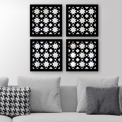 Elegant Mirror Set (4 Pieces), Silver Finish, 7.9 x 7.9 inches | 100% Glass with 0.12 inch MDF Laser Cut Pattern | Easy Wall Hanging Design | Perfect for Home Decor, Living Room & Bedroom Accents