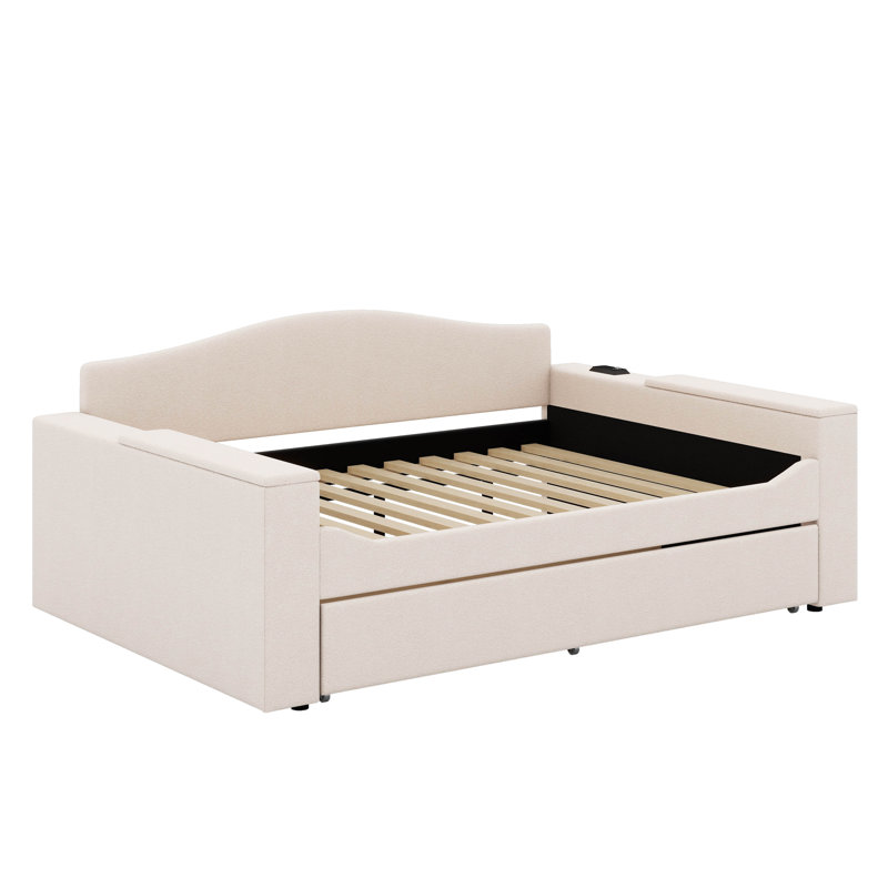 Full Upholstered Daybed With Trundle, Storage Armrests And Latest Integrated Bluetooth Audio System, Beige