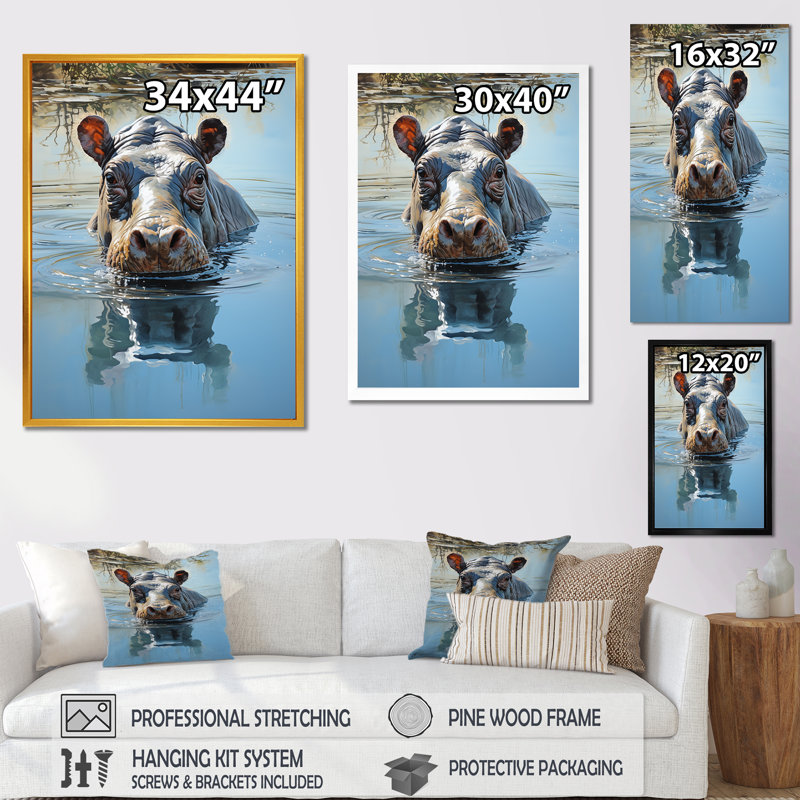 «Grey Powerful Hippo Waters Reflect I - Hippopotamus», art mural, Cadre flottant blanc, 44" H x 34" W