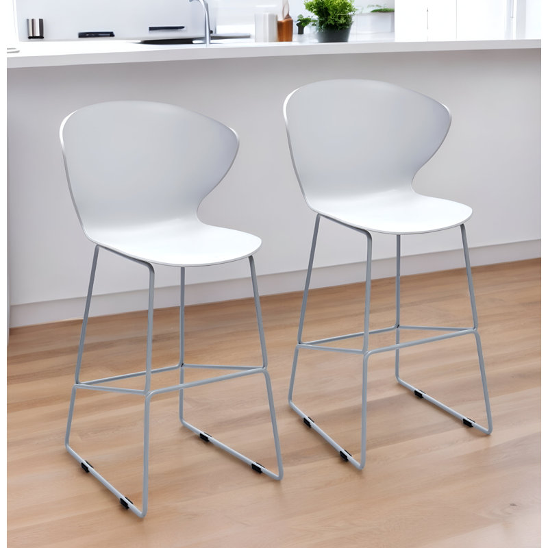 Set of Two 26" White And Silver Heavy Duty Plastic And Metal Low Back Counter Height Bar Chairs