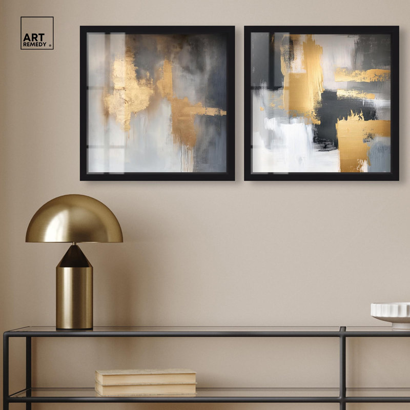 «Gilded Tranquil Abstract Art», ensemble de 2 panneaux par Shadowbox , H 17 po x l 17 po, Noir