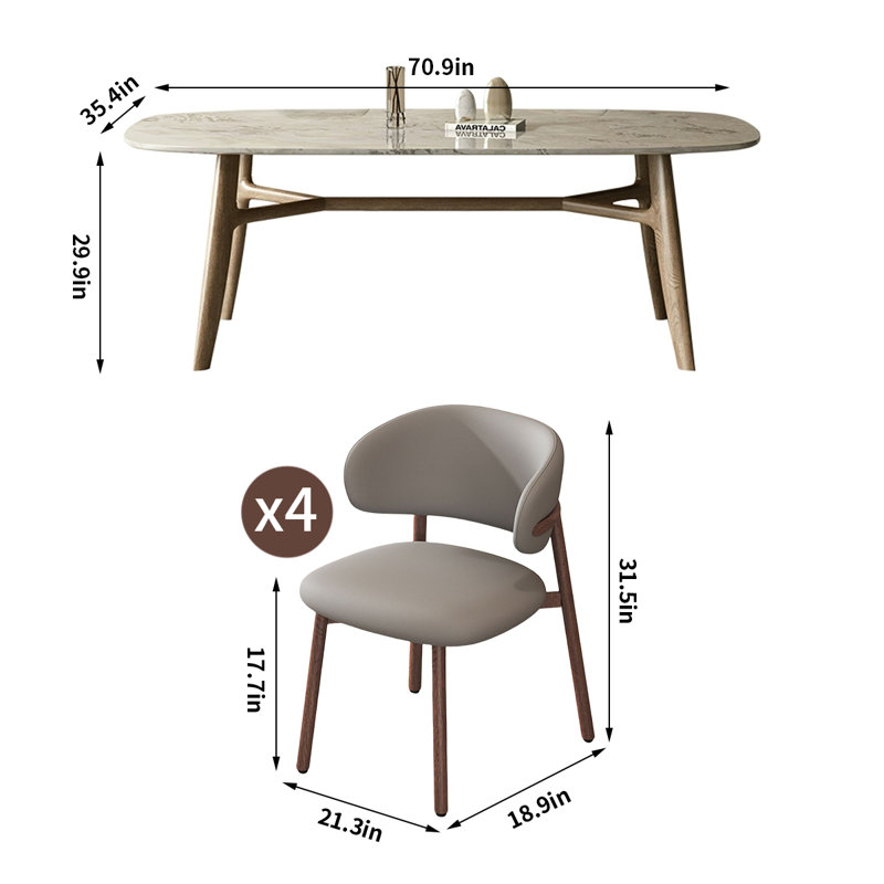 Elegant Natural Marble Dining Table Set, 29.9"H x 70.9"L x 35.4"W